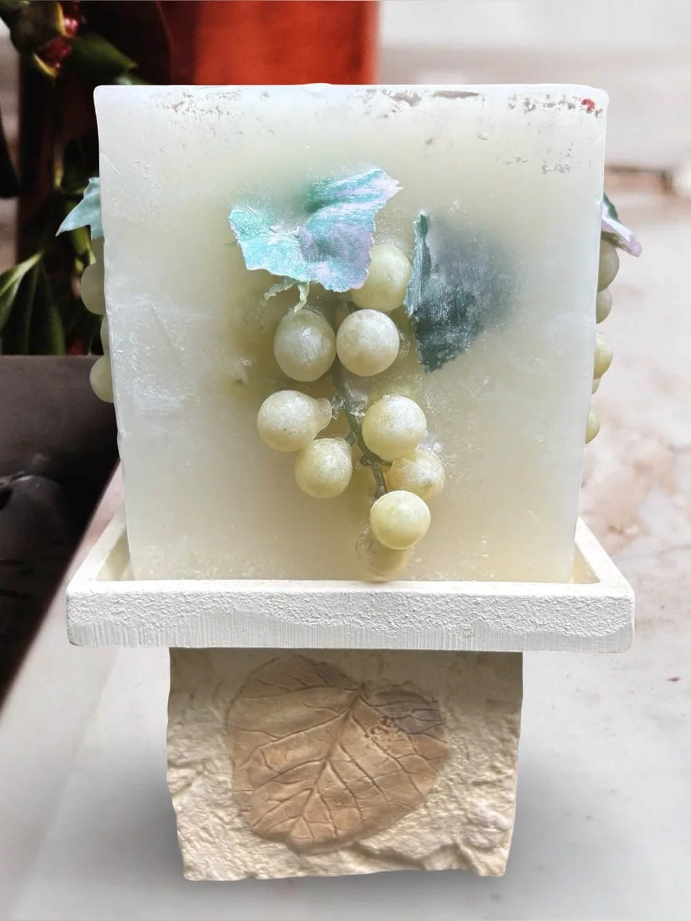Luxury Estate Vintage Faux-Stone Pedestal & Grape Relief Art Candle Set
